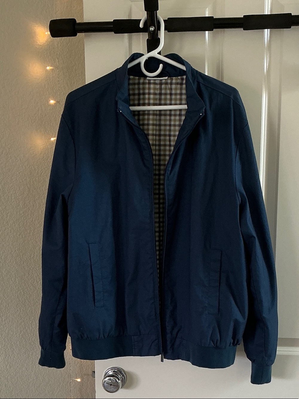 Men's Navy Bomber Jacket with Checked Lining